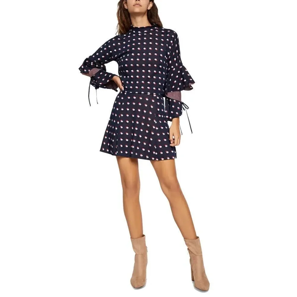 BCBGeneration Blue, Red & White Polka Dot Flutter Sleeves Mock Neck Crop Top